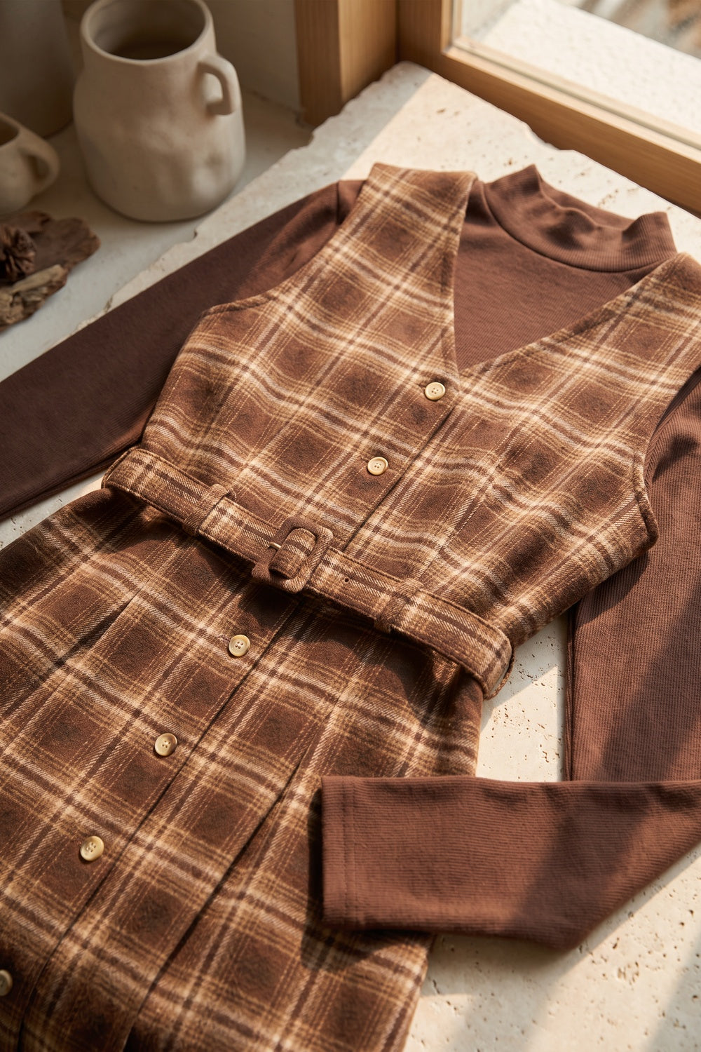 Brown Plaid Two-Piece Layered Dress Set with Belt Brown, Tan Woven plaid fabric Two-piece layered dress set - product view 6