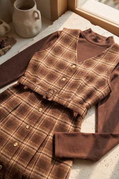 Brown Plaid Two-Piece Layered Dress Set with Belt Brown, Tan Woven plaid fabric Two-piece layered dress set - product view 6