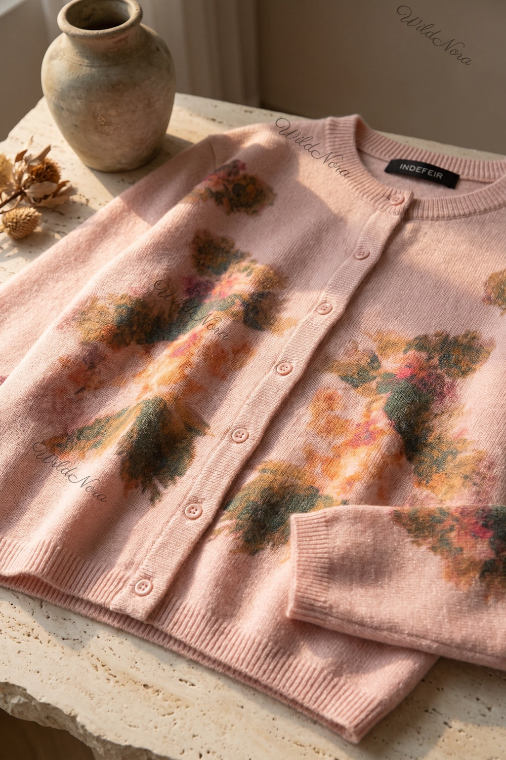 Dusty Pink Fine-Gauge Knit Cardigan with Watercolor Floral Print dusty pink fine-gauge knit cardigan - product view 6