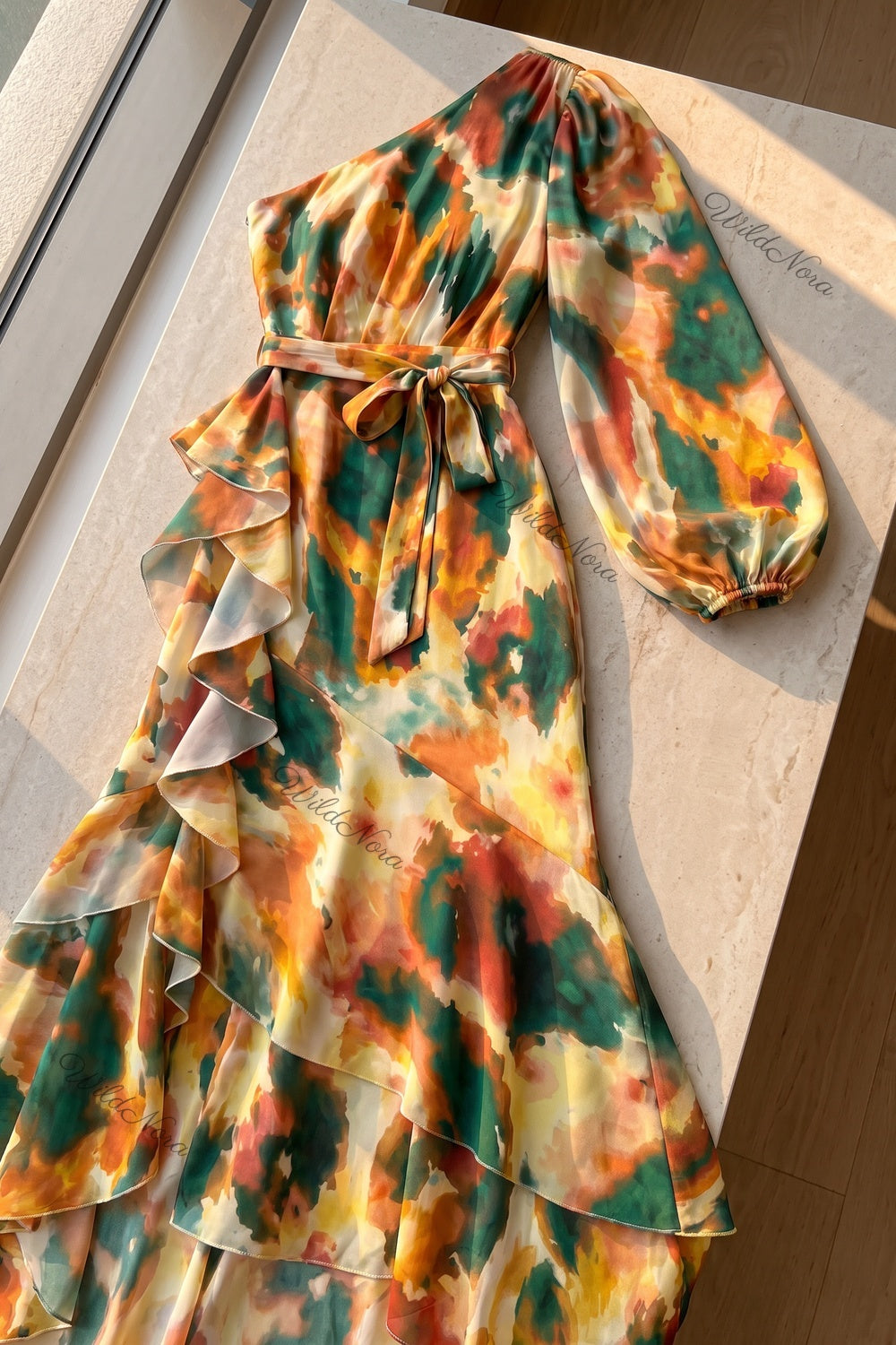 Orange Chiffon One-Shoulder Mermaid Dress with Asymmetrical Ruffles and Watercolor Print orange, green, yellow, cream chiffon dress - product view 6