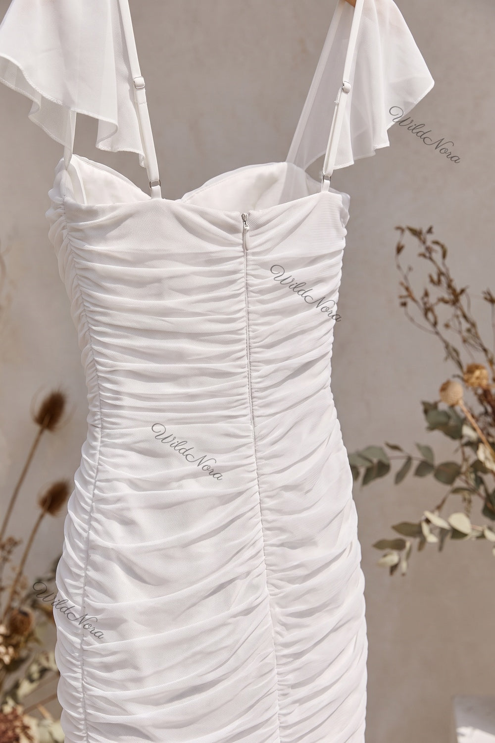 WildNora White Mermaid Ruched Mesh Gown white mesh gown - product view 6