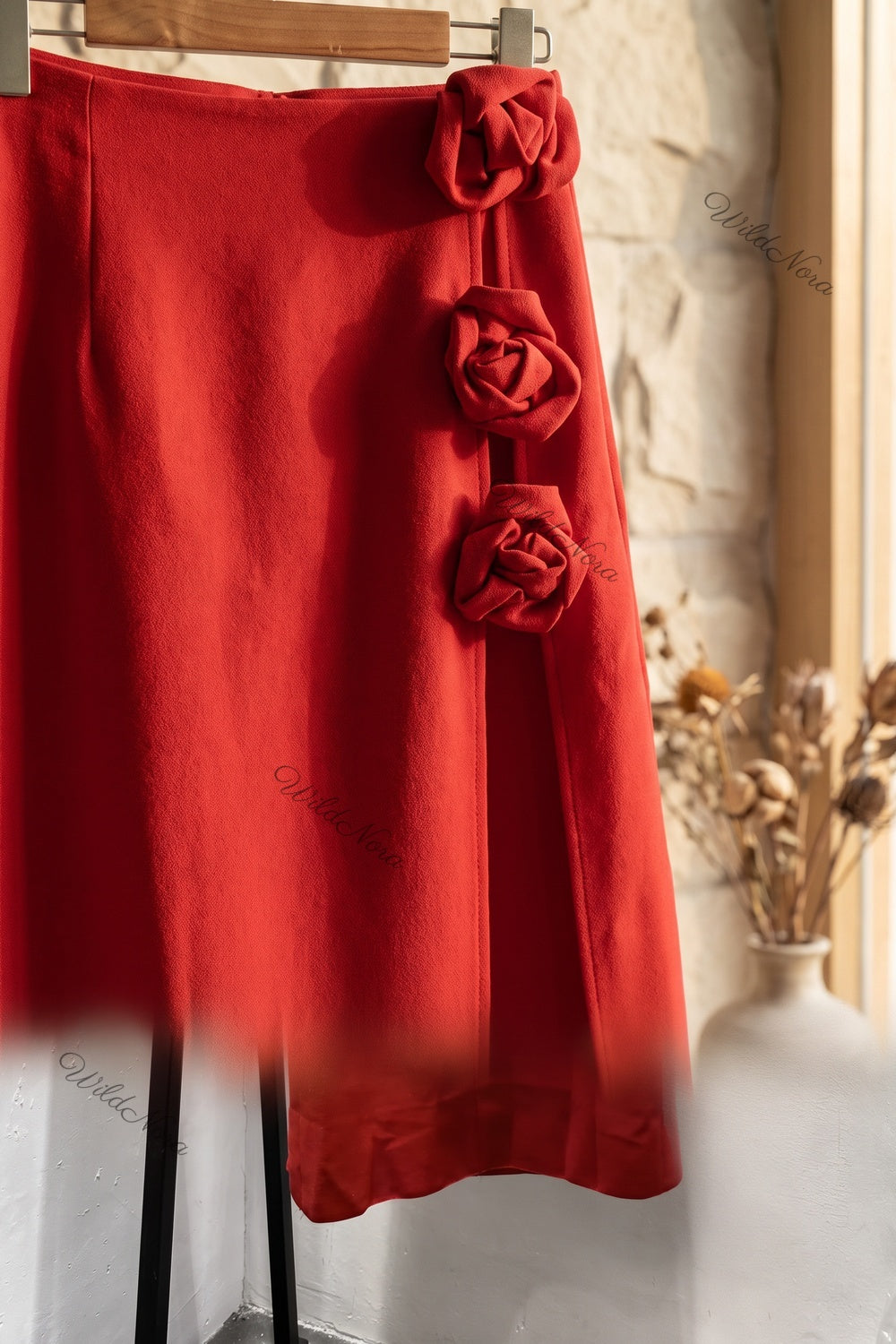 Red Structured Woven Crepe Column Skirt with Side Slit and 3D Rosettes red structured woven crepe skirt - product view 6