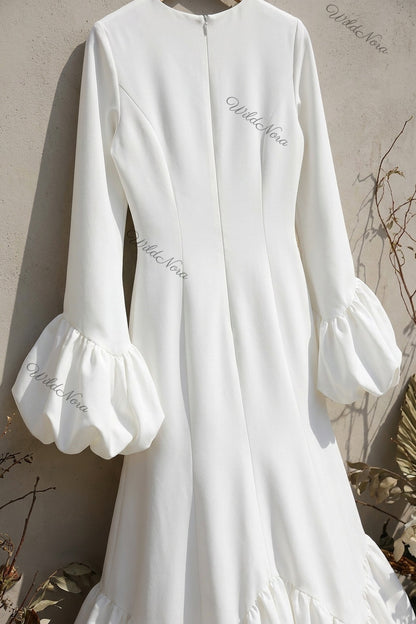 White Heavy Matte Crepe Mermaid Bubble Hem Gown white heavy matte crepe gown - product view 6