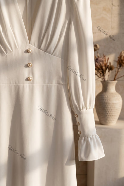 White Crepe A-Line Midi Dress with Pearl Button Details white crepe dress - product view 6