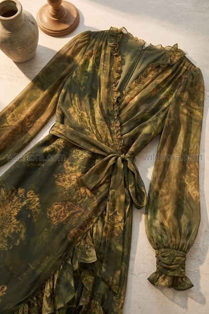 Olive Green Sheer Chiffon Wrap Dress with Asymmetrical Ruffled Hem olive green, forest green sheer chiffon dress - product view 4