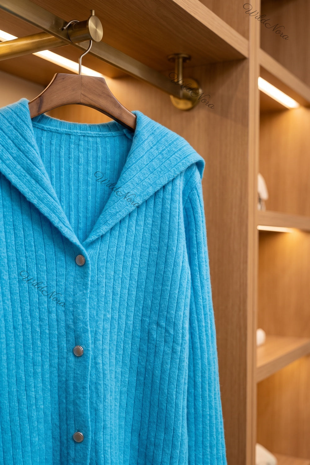 Cyan Blue Ribbed Knit Cardigan with Sailor Collar cyan blue ribbed knit cardigan - product view 6