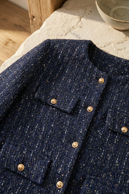 Navy Blue Tweed Boxy Cropped Jacket navy blue tweed jacket - product view 6