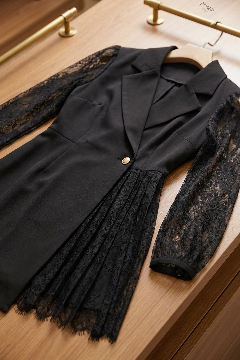 Black Structured Crepe Blazer Dress with Floral Lace Sleeves black structured woven crepe blazer dress - product view 6