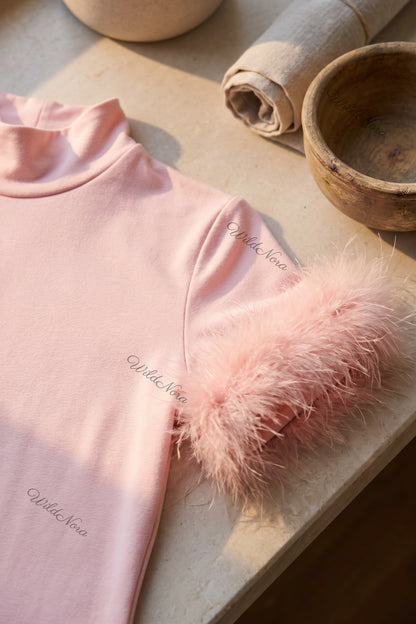 Light Pink Mock Neck Mini Dress with Feather Trim light pink stretch knit jersey dress - product view 6