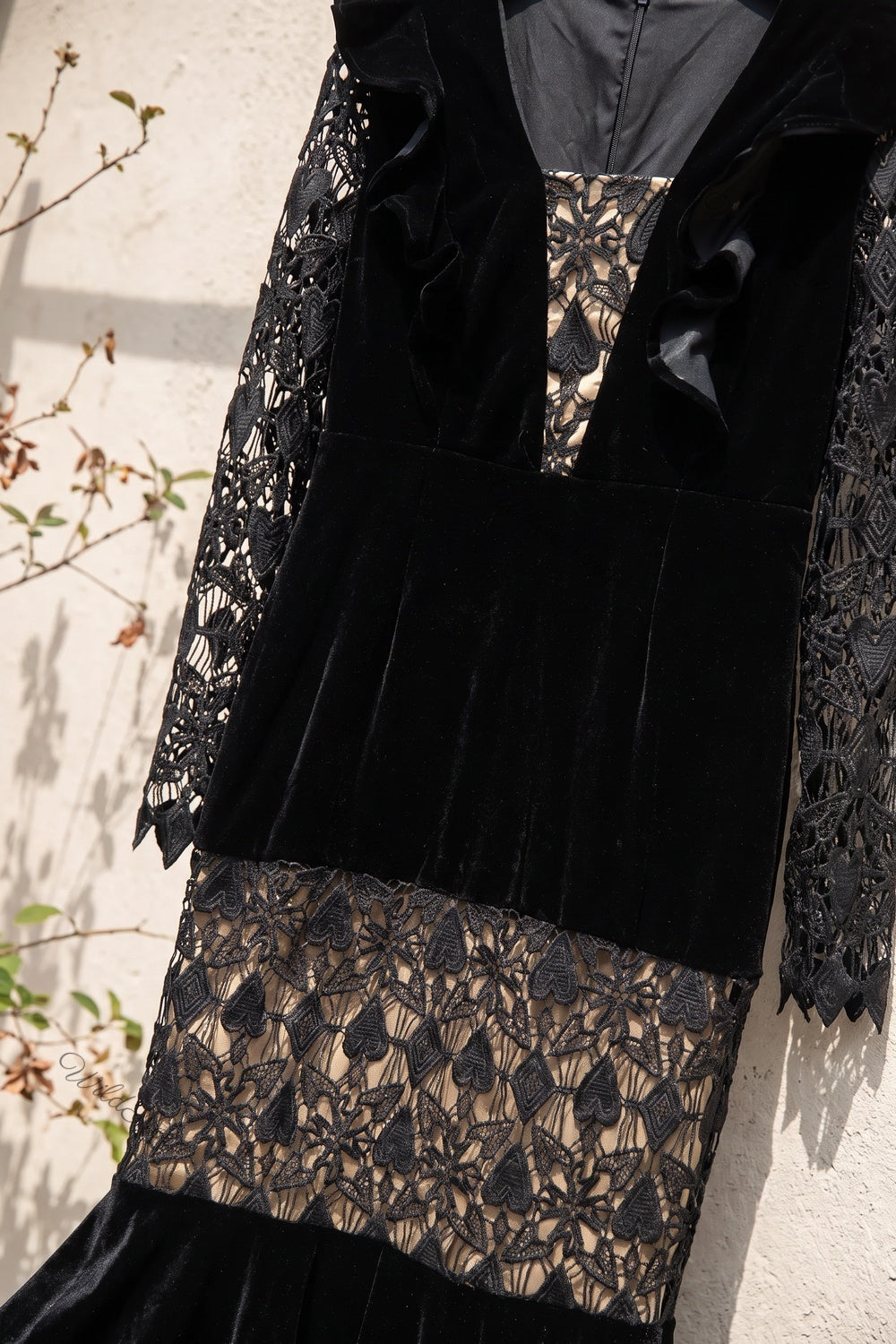 Black Velvet Mermaid Dress with Sheer Lace Sleeves black black velvet dress - product view 6