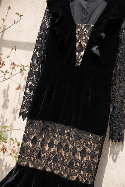Black Velvet Mermaid Dress with Sheer Lace Sleeves black black velvet dress - product view 6