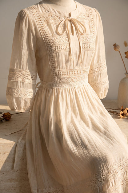 Cream A-Line Midi Dress with Lace Inserts cream, light beige lightweight semi-sheer woven dress - product view 6