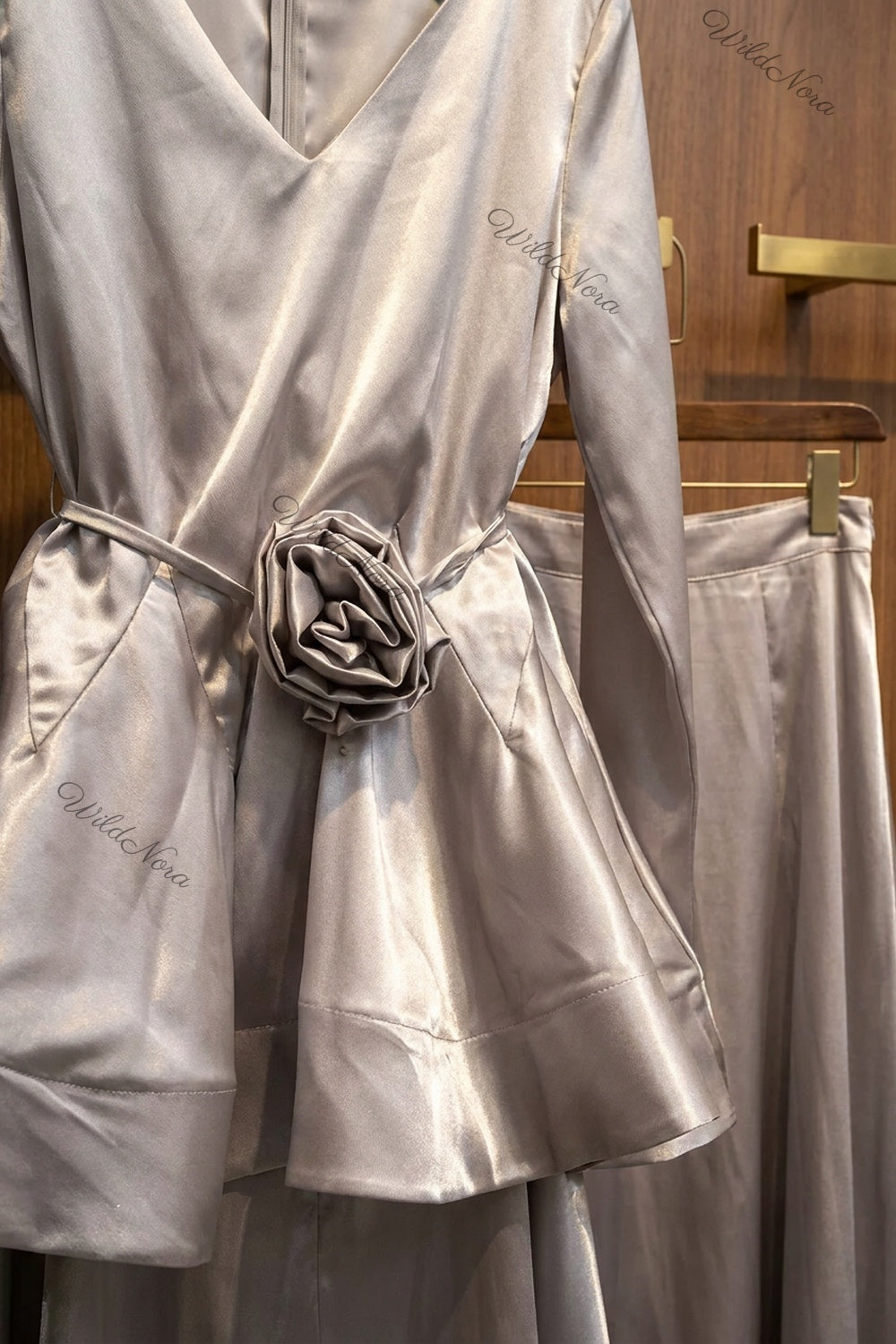 Silver Satin Peplum Top with Flared Maxi Skirt Two-Piece Set silver satin two-piece set - product view 6