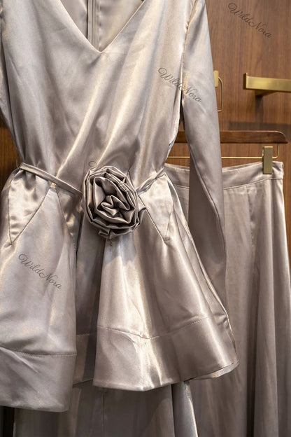 Silver Satin Peplum Top with Flared Maxi Skirt Two-Piece Set silver satin two-piece set - product view 6