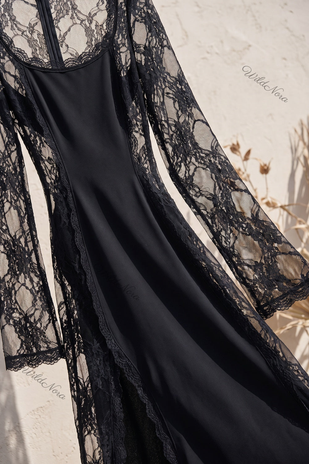 Black Matte Crepe Column Evening Gown with Sheer Floral Lace black matte crepe evening gown - product view 6