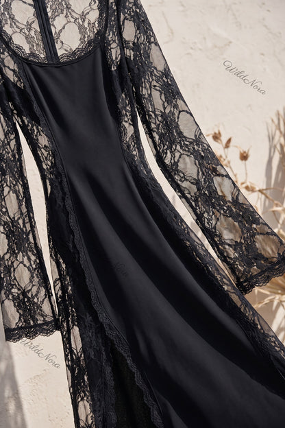 Black Matte Crepe Column Evening Gown with Sheer Floral Lace black matte crepe evening gown - product view 6