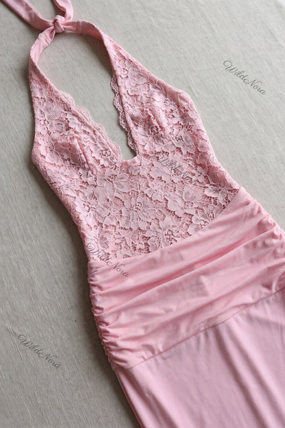 Light Pink Stretch Jersey Mermaid Gown with Floral Lace Bodice light pink stretch jersey gown - product view 6