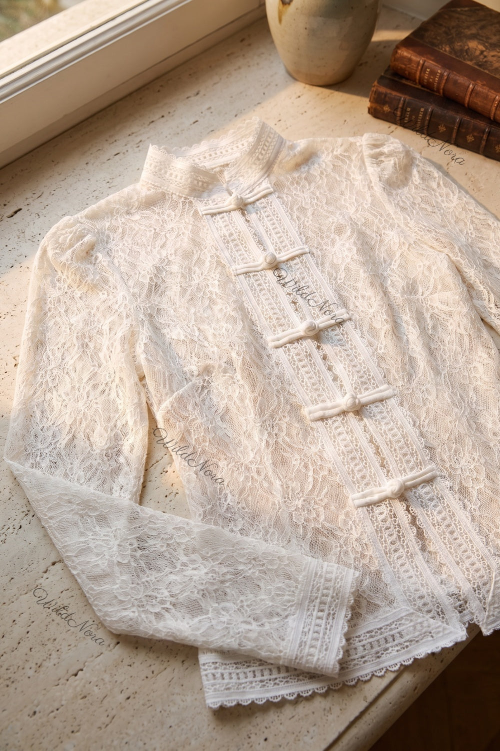 White Sheer Floral Lace Fitted Blouse white sheer floral lace blouse - product view 6