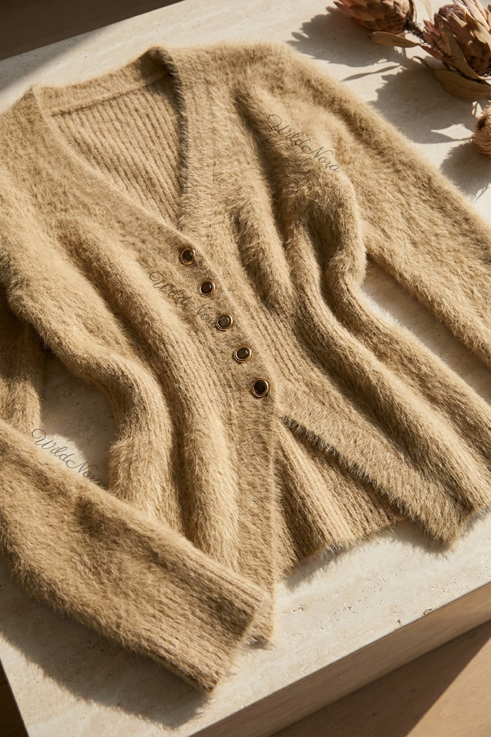 Beige Eyelash Knit / Mohair Blend Fitted Cardigan beige, camel eyelash knit / mohair blend cardigan - product view 6