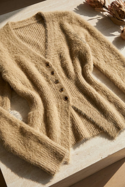 Beige Eyelash Knit / Mohair Blend Fitted Cardigan beige, camel eyelash knit / mohair blend cardigan - product view 6