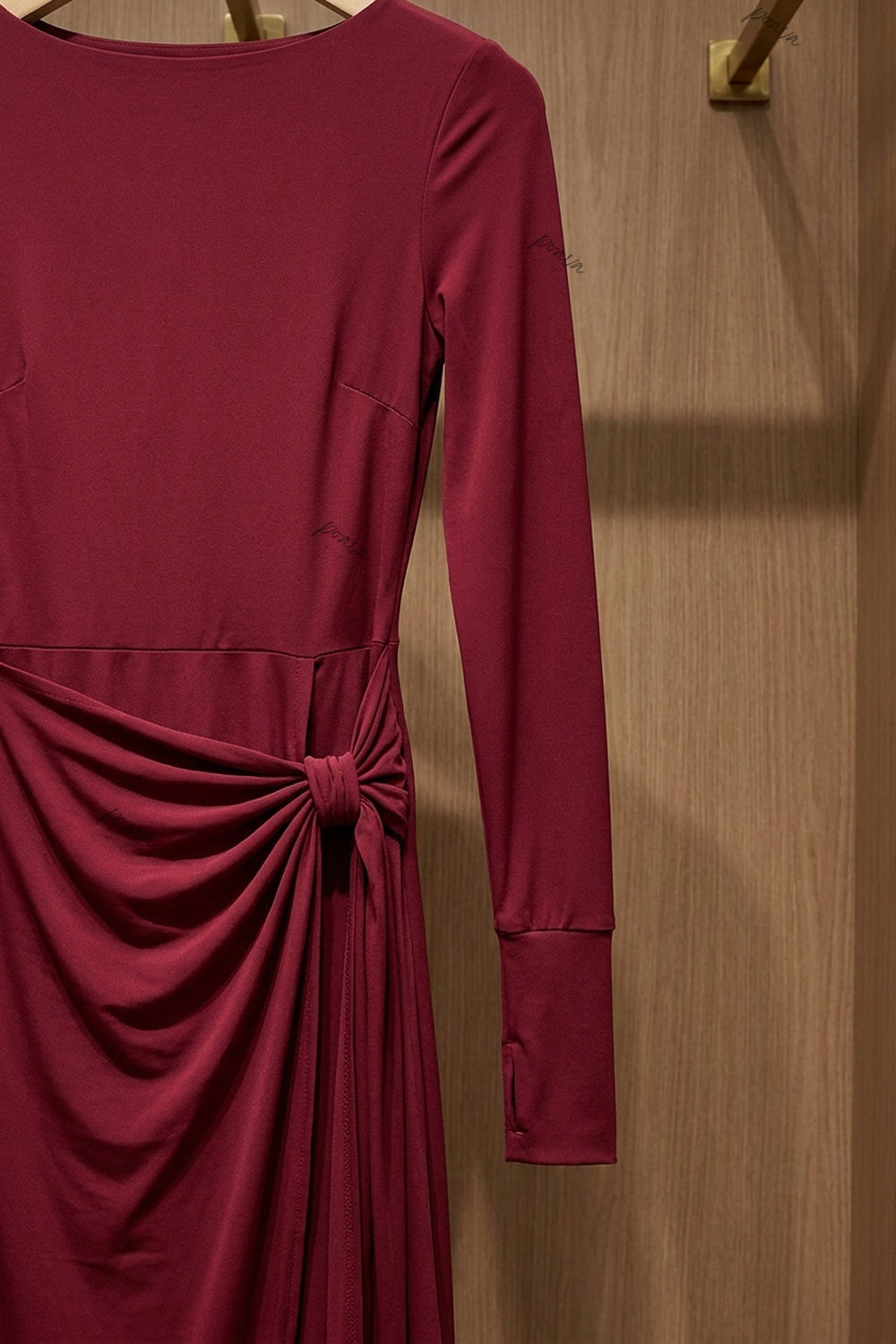 Wine Red Jersey Wrap Maxi Dress with Knot Detail wine red jersey knit dress - product view 6