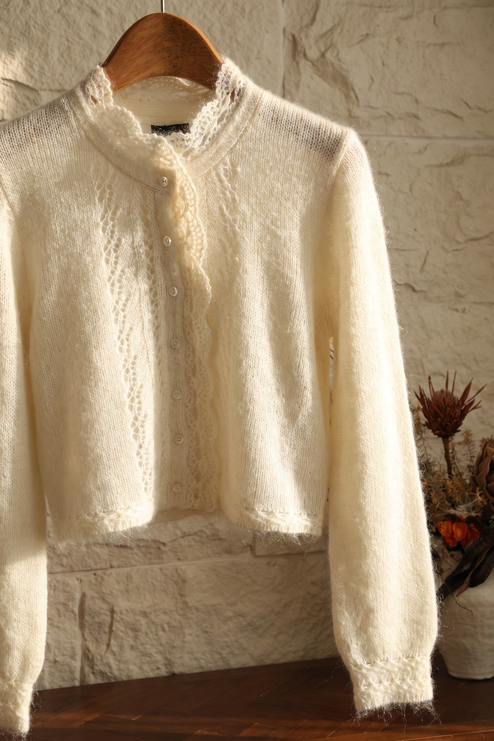off-white mohair-blend knit cropped cardigan with scalloped lace trim off-white mohair-blend knit cardigan - product view 6