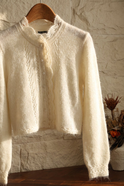 off-white mohair-blend knit cropped cardigan with scalloped lace trim off-white mohair-blend knit cardigan - product view 6