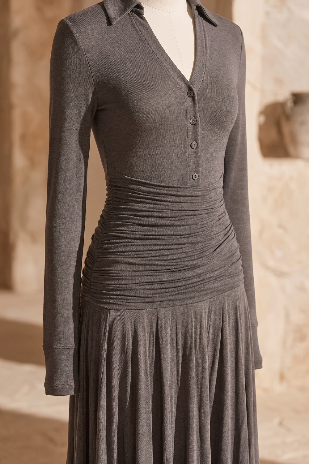 Grey Ruched Maxi Dress with Polo Collar Premium Fabric - product view 3
