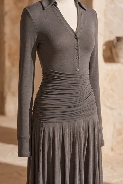 Grey Ruched Maxi Dress with Polo Collar Premium Fabric - product view 3