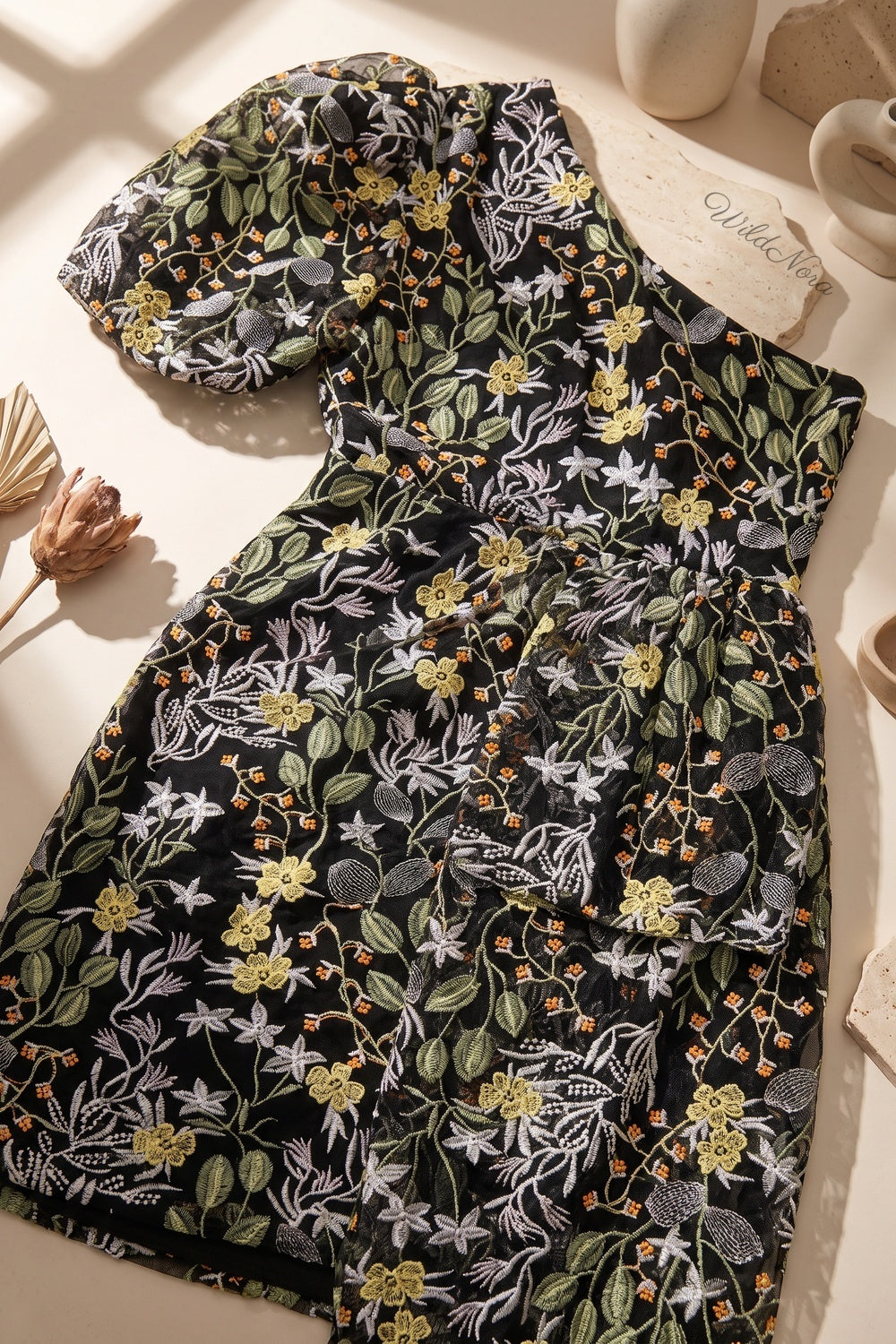 Black Floral Embroidered Sheer Mesh Asymmetrical One-Shoulder Dress black embroidered sheer mesh dress - product view 6