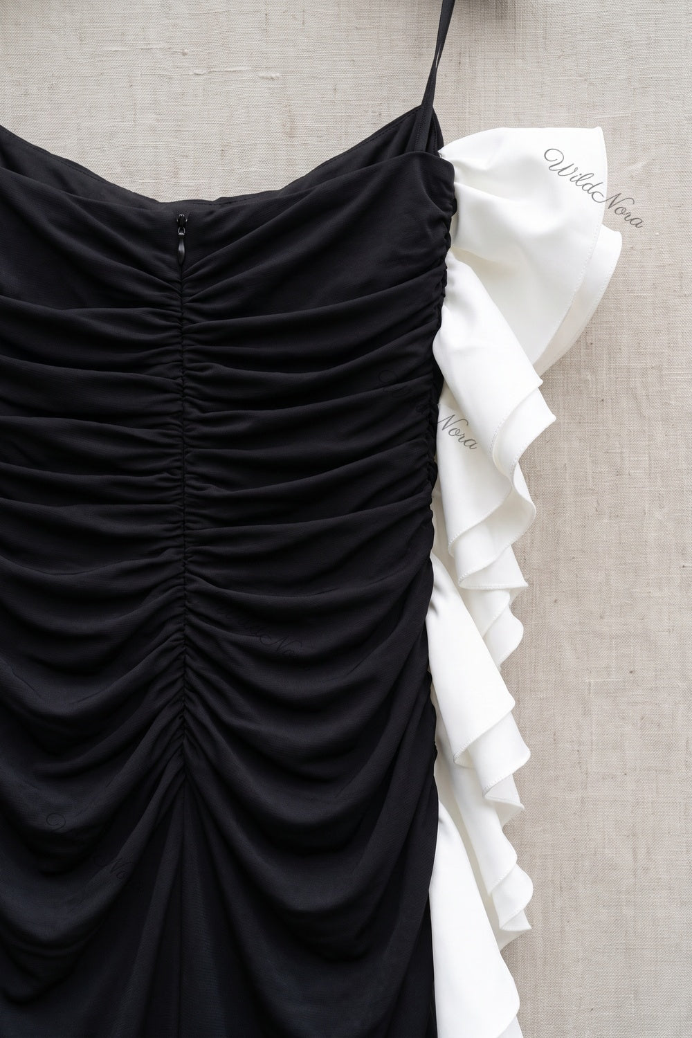 Black Synthetic Stretch Jersey Column Evening Gown with White Ruffle Trim black synthetic stretch jersey evening gown - product view 6