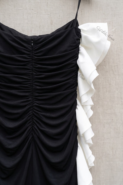 Black Synthetic Stretch Jersey Column Evening Gown with White Ruffle Trim black synthetic stretch jersey evening gown - product view 6
