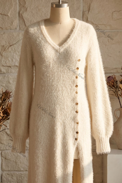 Off-White Fuzzy Eyelash Knit Column with Side Slit Sweater Dress off-white fuzzy eyelash knit sweater dress - product view 6