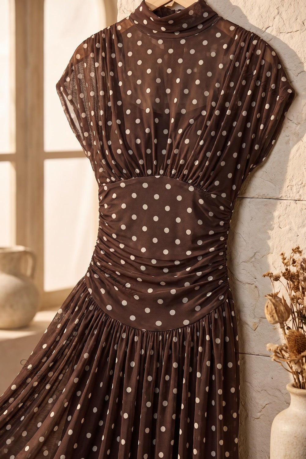 Dark Brown Polka Dot Sheer Mesh Mermaid Dress with Dropped Waist dark brown sheer mesh dress - product view 6