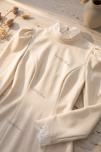 Cream Structured A-Line Mini Dress with Puff Shoulders and Lace Trim cream, off-white structured medium-weight woven or knit mini dress - product view 6