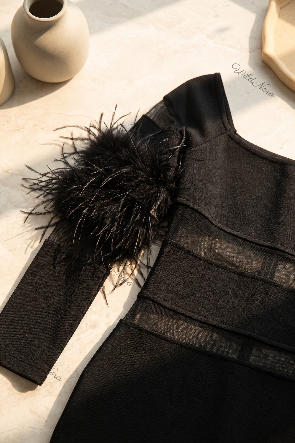 Black Structured Stretch Knit Sheath Dress with Feather Trim black heavy structured stretch knit dress - product view 6