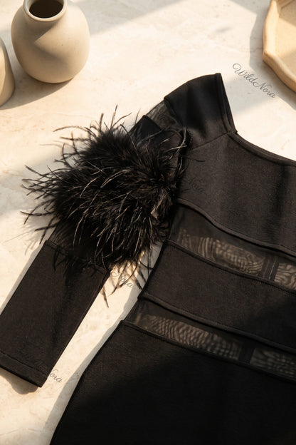 Black Structured Stretch Knit Sheath Dress with Feather Trim black heavy structured stretch knit dress - product view 6