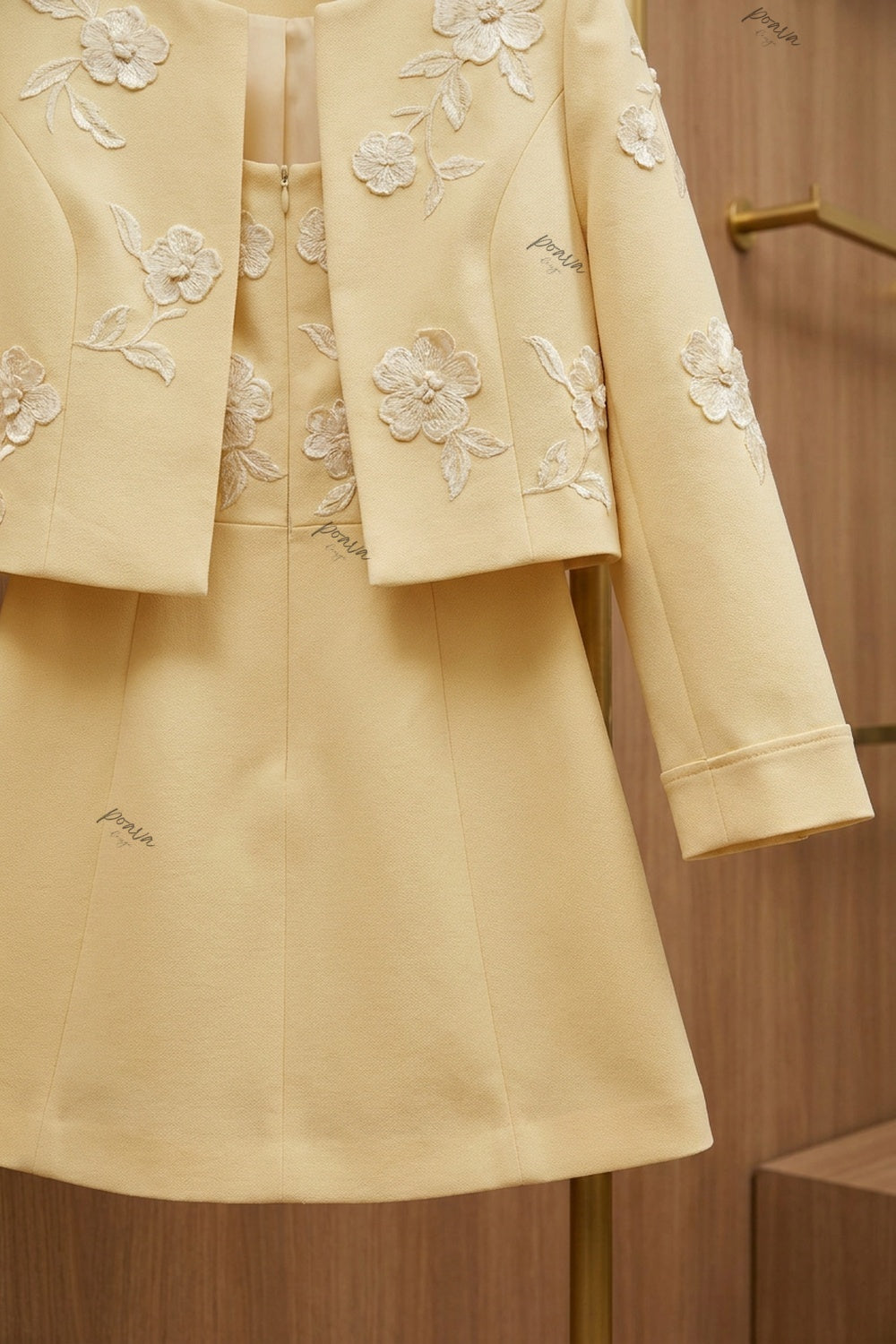 Pale Yellow Floral Appliqué Two-Piece Set Pale yellow Textured jacquard or embroidered organza overlay Two-piece set (cropped jacket and matching mini dress) - product view 6