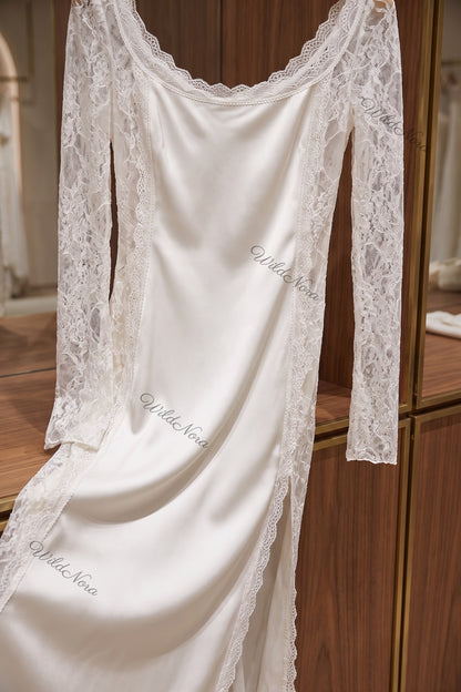 Ivory Satin and Lace Column Gown ivory satin gown - product view 6