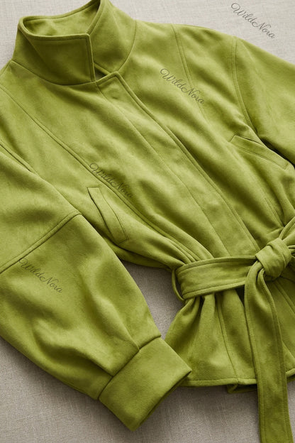 Lime Green Faux Suede Peplum Jacket with Balloon Sleeves lime green faux suede jacket - product view 6
