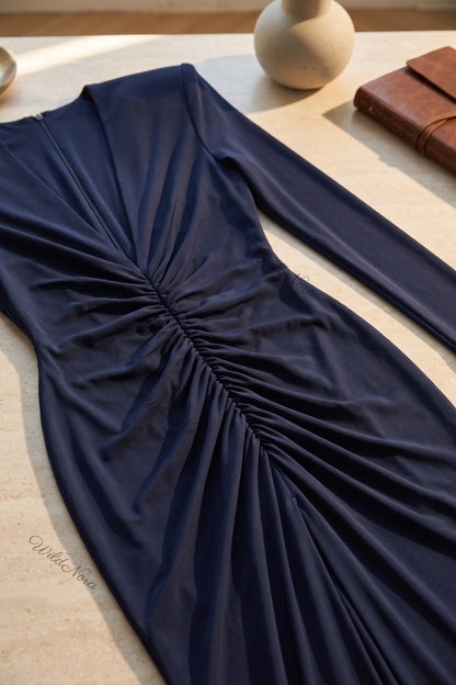 Navy Blue Jersey or Crepe Column with Structured Shoulders Floor-Length Gown navy blue jersey or crepe gown - product view 6