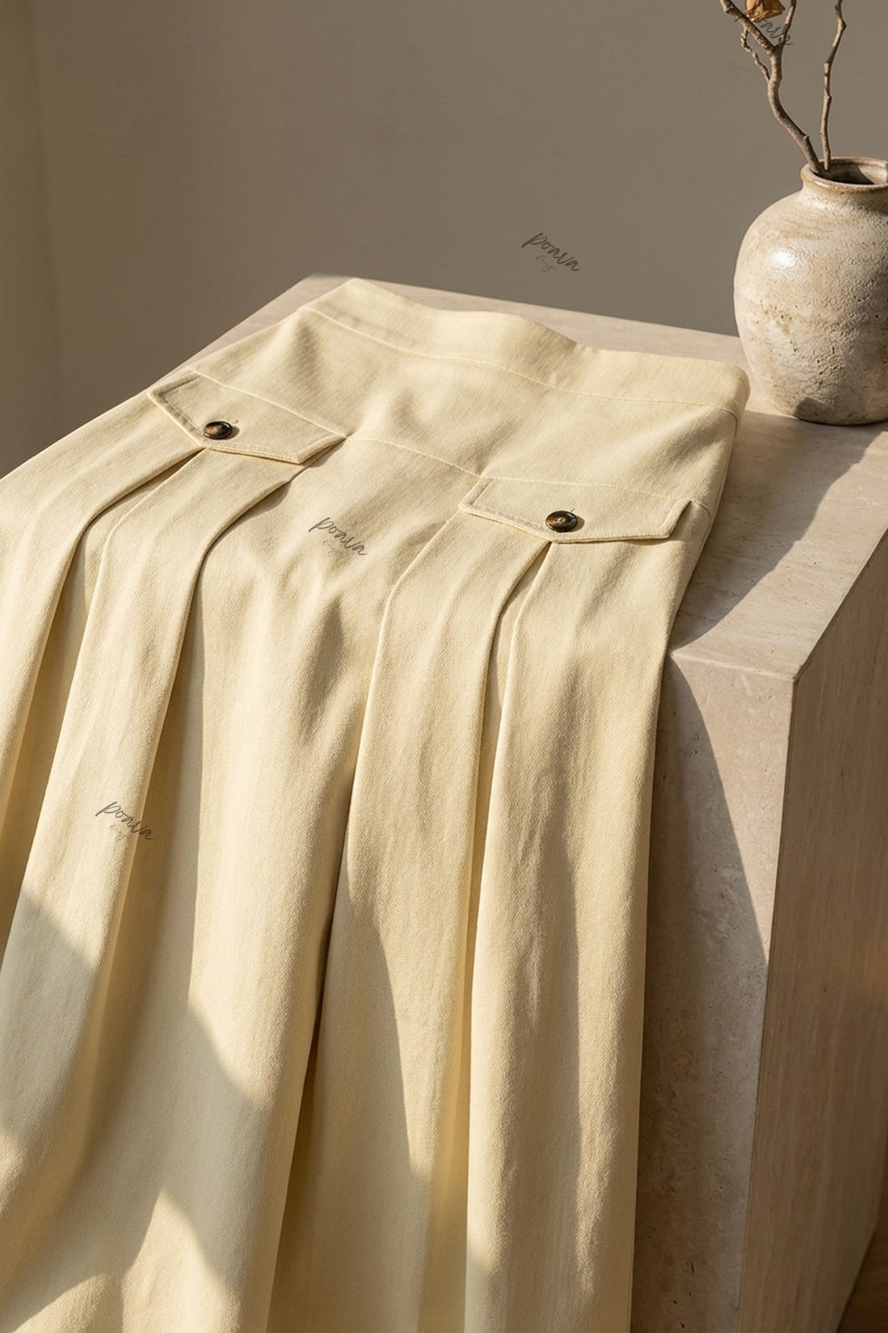 Pale Yellow A-Line Maxi Skirt with Contrasted Buttons pale yellow, cream medium-weight woven suiting or cotton-blend skirt - product view 6
