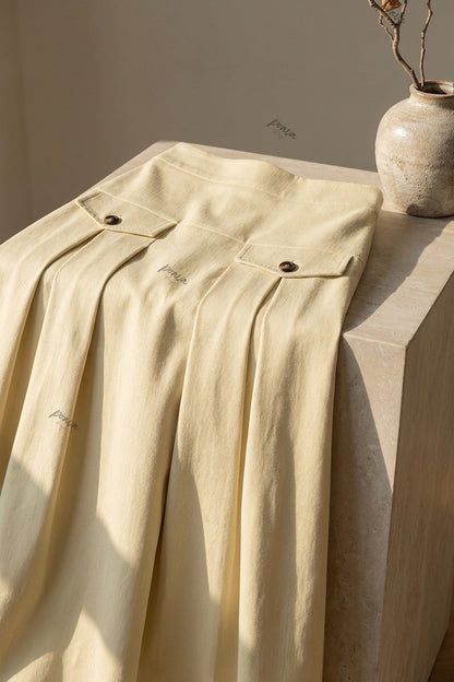 Pale Yellow A-Line Maxi Skirt with Contrasted Buttons pale yellow, cream medium-weight woven suiting or cotton-blend skirt - product view 6