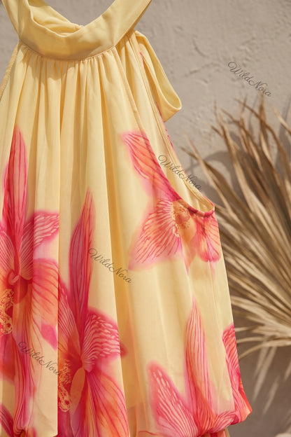 Pale Yellow Chiffon A-Line Tiered Blouson Dress with Orchid Floral Print pale yellow chiffon dress - product view 6