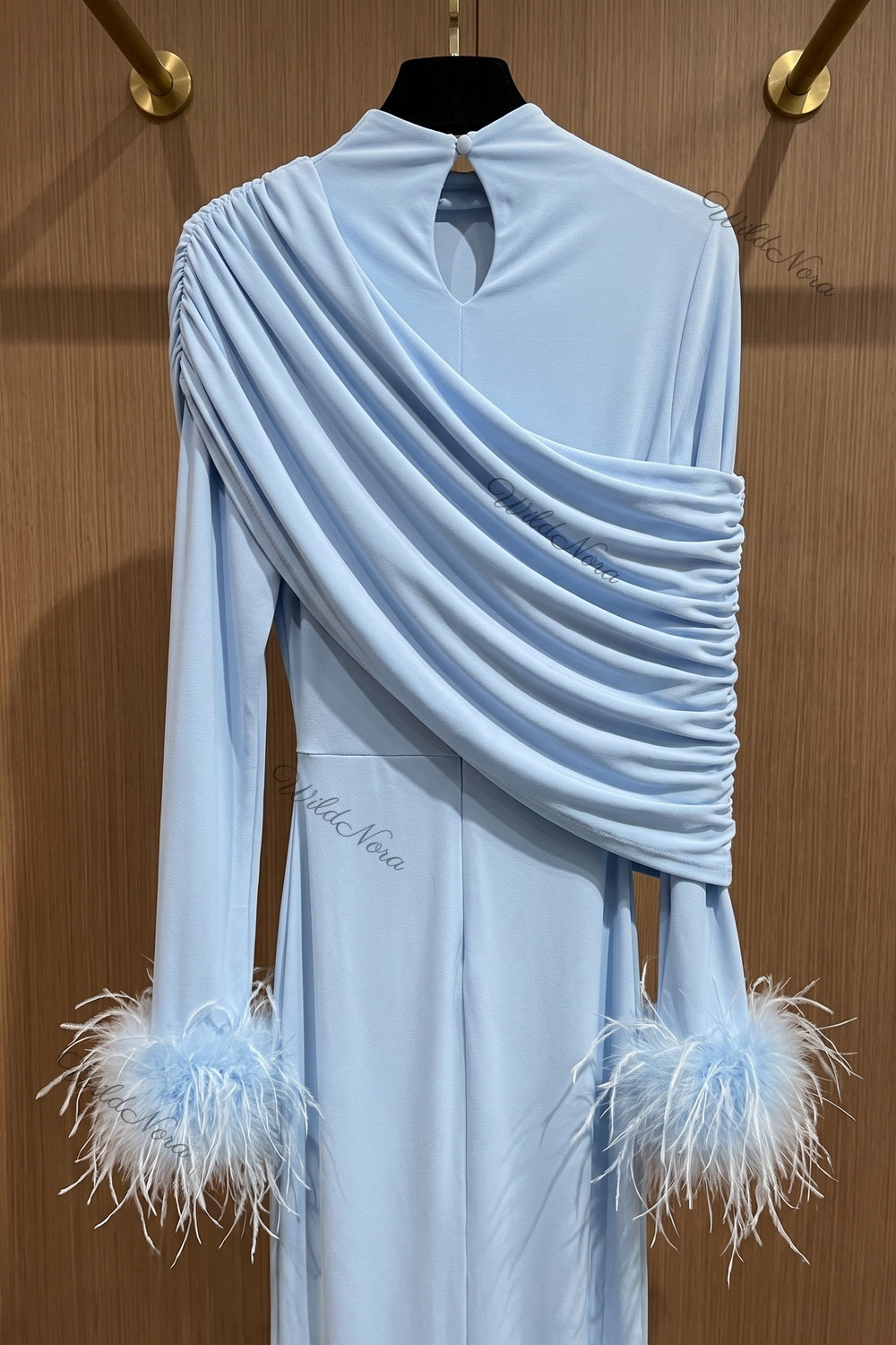 Light Blue Stretch Jersey Column Gown with Feather Cuffs light blue stretch jersey gown - product view 6