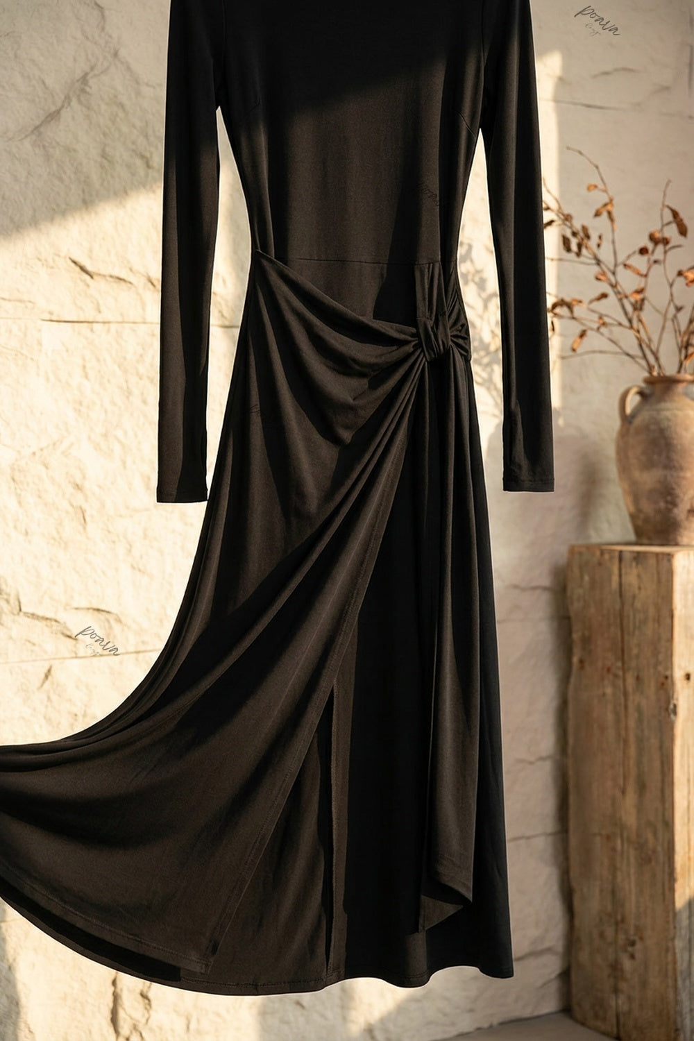 Black Stretch Jersey Maxi Dress with Draped Skirt and Thumbhole Sleeves black stretch jersey knit maxi dress - product view 6