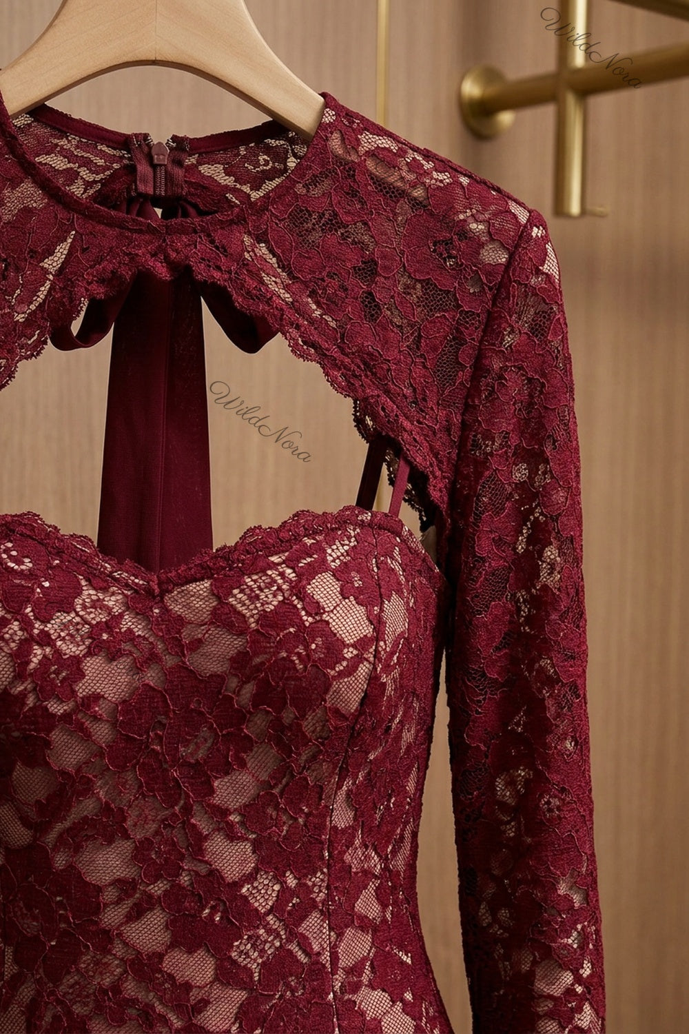 Burgundy Floral Lace Mermaid Gown burgundy floral lace gown - product view 6