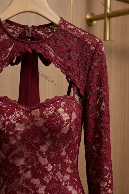 Burgundy Floral Lace Mermaid Gown burgundy floral lace gown - product view 6