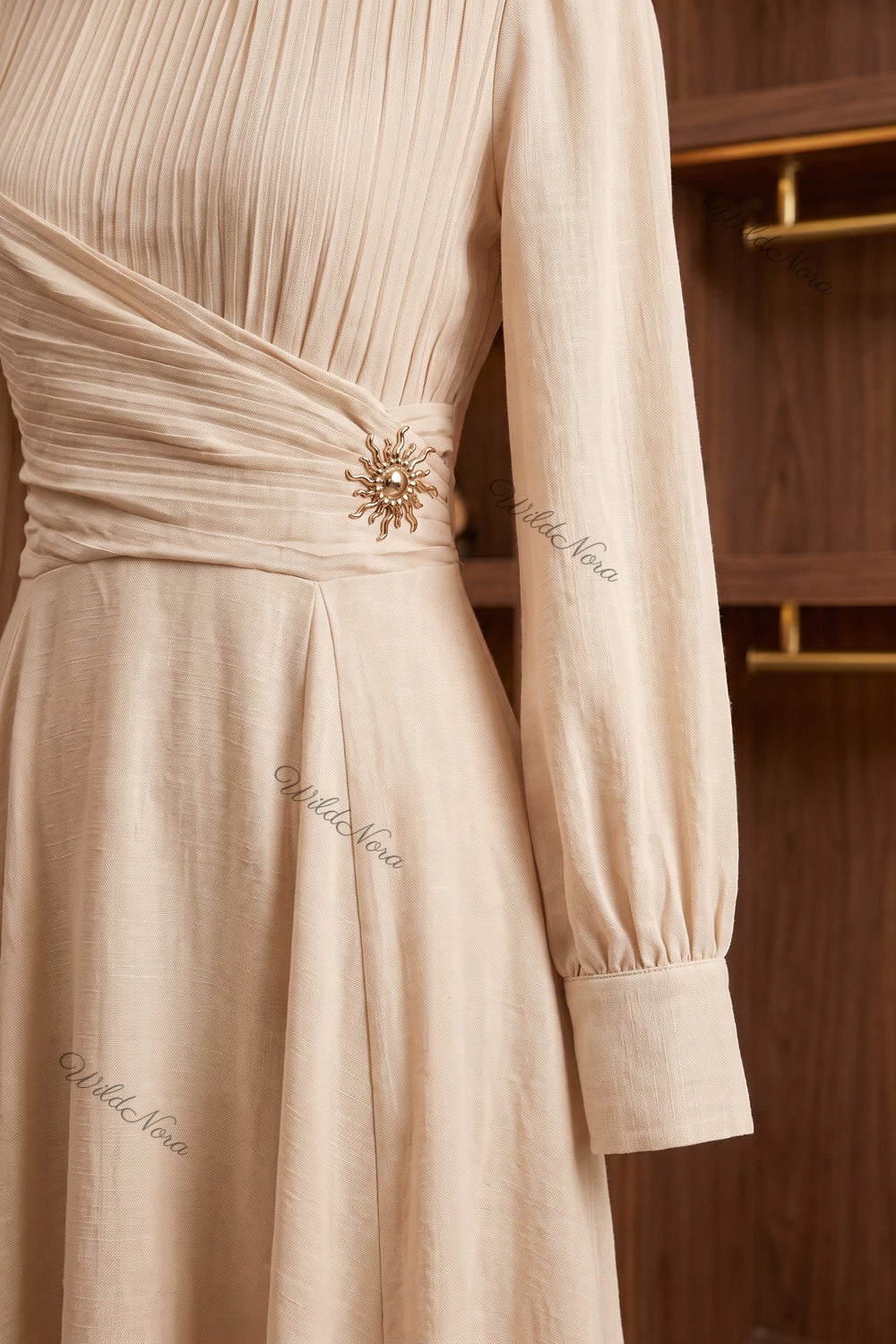 Beige Textured Linen-Blend A-Line Maxi Dress with Gold Brooch beige textured linen-blend maxi dress - product view 6
