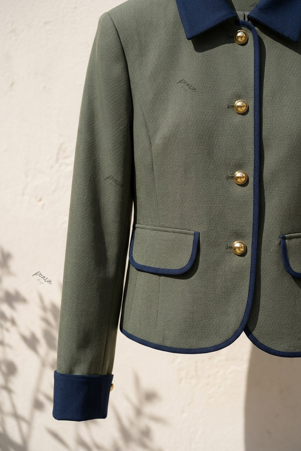 Olive Green Structured Boxy Cropped Jacket with Navy Contrast Trim olive green woven suiting fabric cropped jacket - product view 6